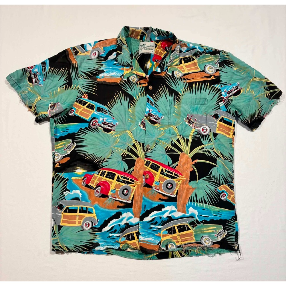 Vintage Diamond Head Sportswear Hawaiian Shirt Woody Car Palm Print Distressed S